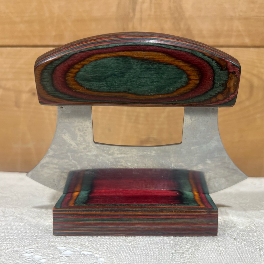 Vintage Alaska Ulu Knife With Rainbow Pakka Laminated Wood Handle Matching Stand - Picture 2 of 5